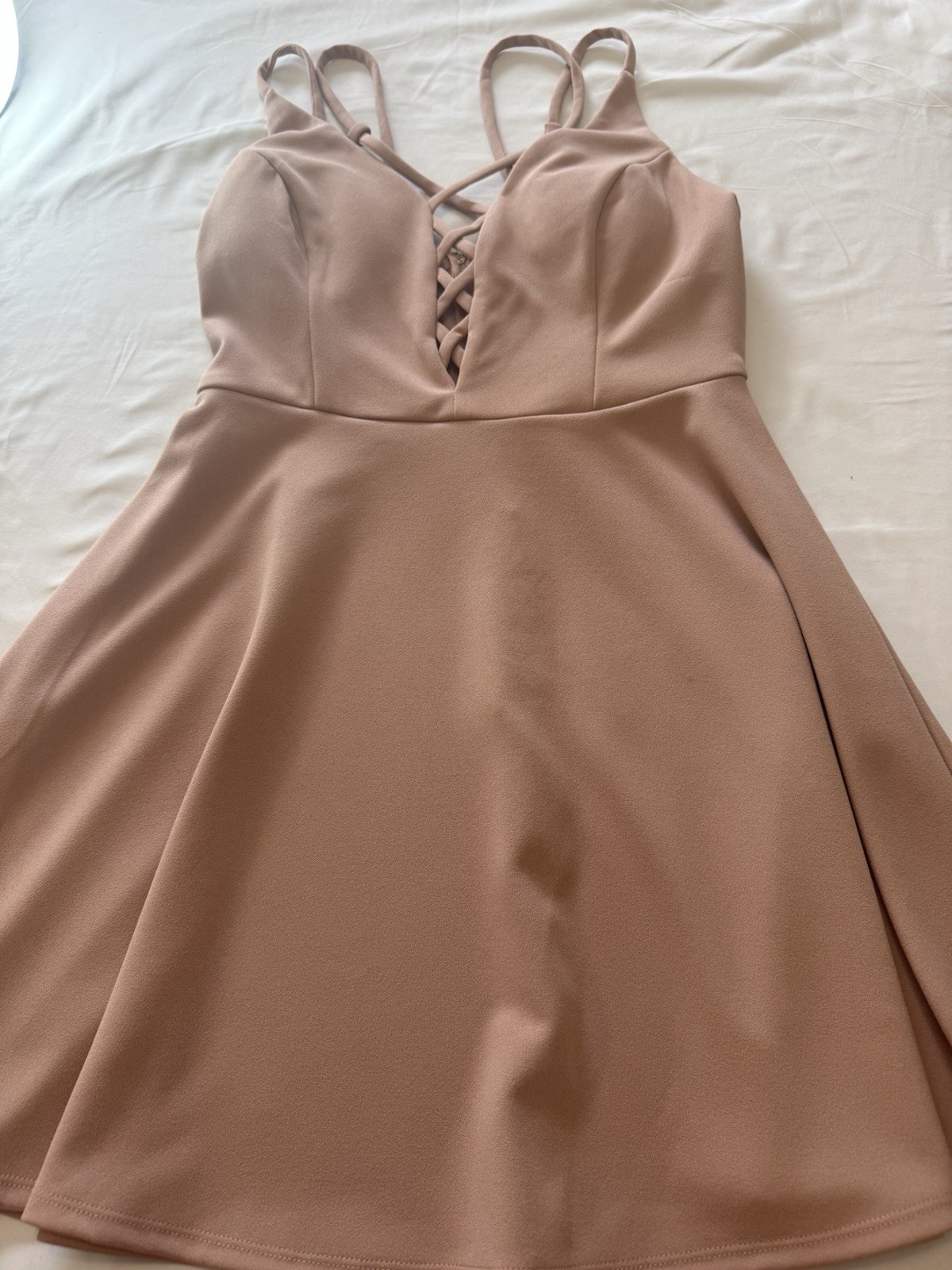 Speechless Fit & Flare Lace Up Sleeveless Short Dress Beige Knit M