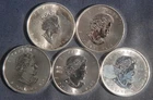 FIVE (5)  1 OZ .9999 SILVER  MAPLE LEAF COINS (1999- 2023)  LOT 151116