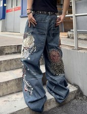 Men s Baggy Graphic Embroidered Wide Leg Denim Jeans Loose Fit Casual Pants