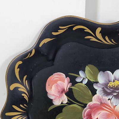ART CRAFT Vintage 50s Lg Toleware Black Metal Hand Painted Flower