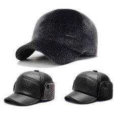 Men Faux Fur Trapper Hat Baseball Cap Warm Pu Leather Hat Thick Earmuff
