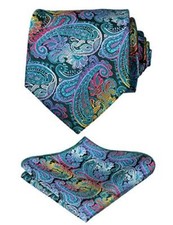 Mens Paisley Necktie with Pocket Square Set 3-144-peacock Blue