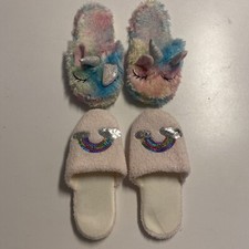 Unicorn Rainbow Sequin Pink Girls Large Slippers Slide Sleep House Lounge M L 2p