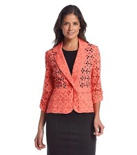 New MADISON LEIGH Size SMALL One-Button Eyelet Cotton Blazer Jacket Coral C1