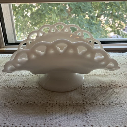 Vintage Milk Glass Nut Candy Mint Bowl Dish White Pedestal Banana Lace Edge 9”