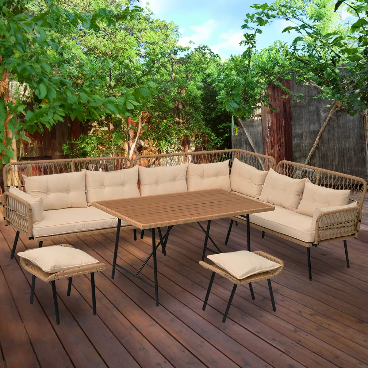 10PCS Patio Dining Set Outdoor Furniture Rectangle Table Sofa Set