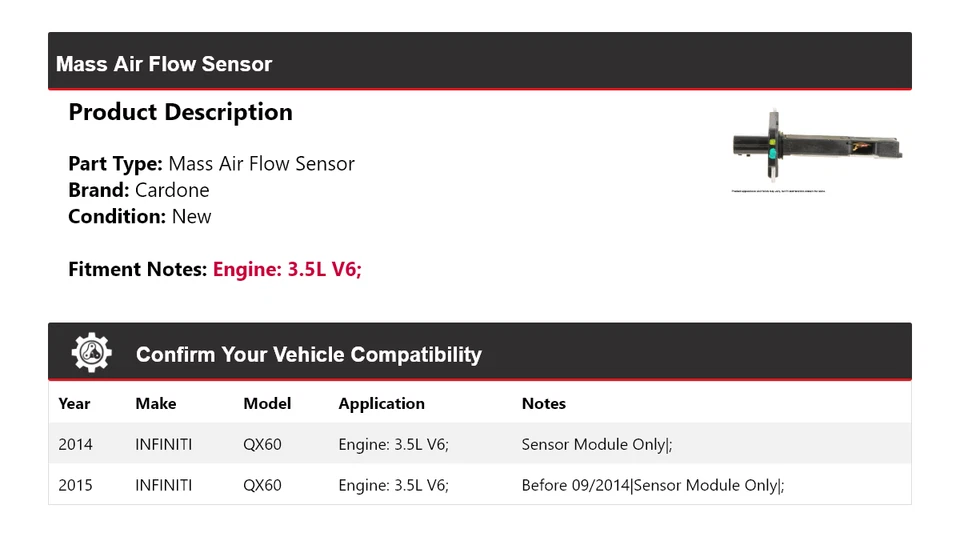 For 2014-2015 INFINITI QX60 3.5L V6 Mass Air Flow Sensor Cardone - Image 2 of 4