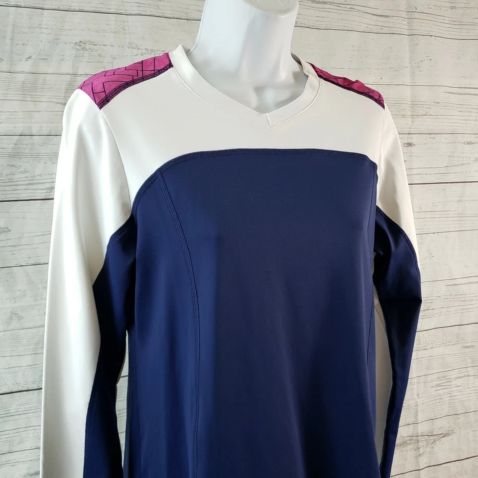 Top deportivo de manga larga Sofibella para mujer talla mediana azul blanco  Foto 2 de 4