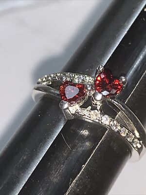 STERLING SILVER 925 Double HEART Lab CREATED Ruby  SOLITAIRE RING SIZE: 7 (6-3/4