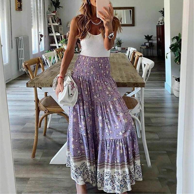 Printed A Line Skirt Floral Skirt Women Beach Female Boho Holiday Maxi Skirts