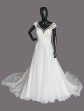 Ivory V-Neck Illusion Cap Sleeve A-Line Wedding Gown - Evelyn Bridal