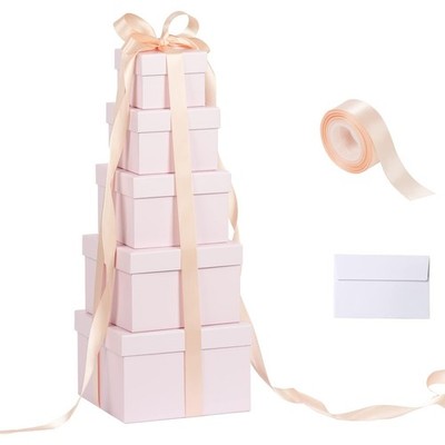 CHARMGIFTBOX 5 Pack Large Square Nesting Gift Boxes with Lids 4''-8'' Pink