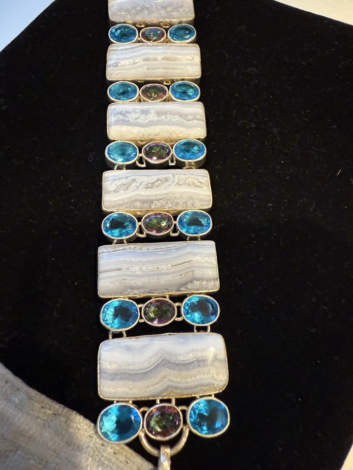 Nuevo Brazalete de Ágata de Encaje, Piedras de Topacio Místico y Azul, en Plata de Ley Foto 4 de 4