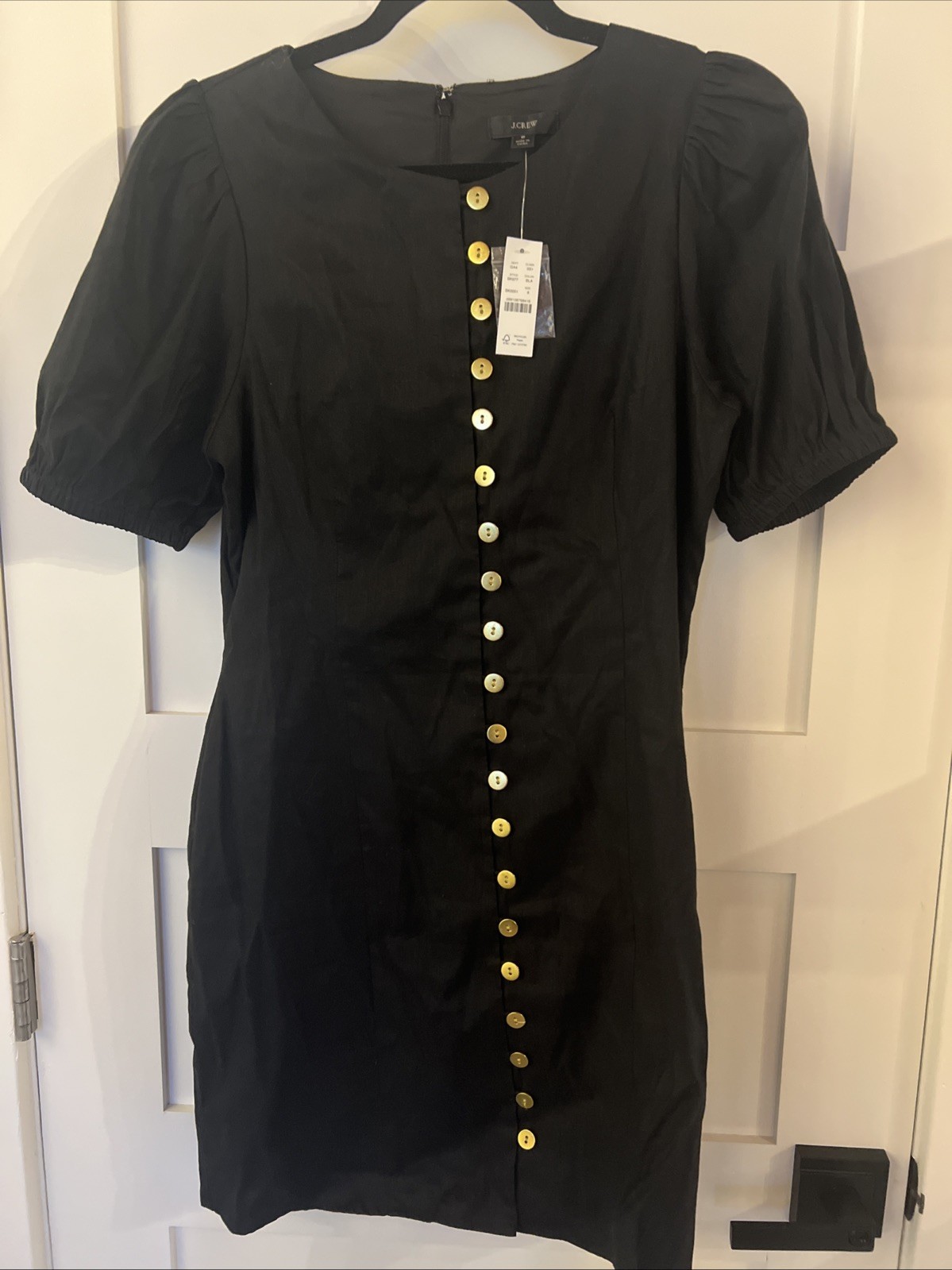 J Crew Dress Black Linen Size 8 Gold Button Puff Short Sleeve NWT $198
