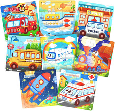 Wooden Puzzles for Toddlers, 8 Pack Vehicle Jigsaw Puzzles for Kids3-5, 9 Pieces