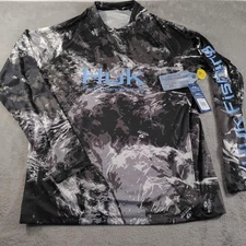 Huk Pursuit Mossy Oak Shirt Mens Small Gray Black Camo Long Sleeve Fishing UPF