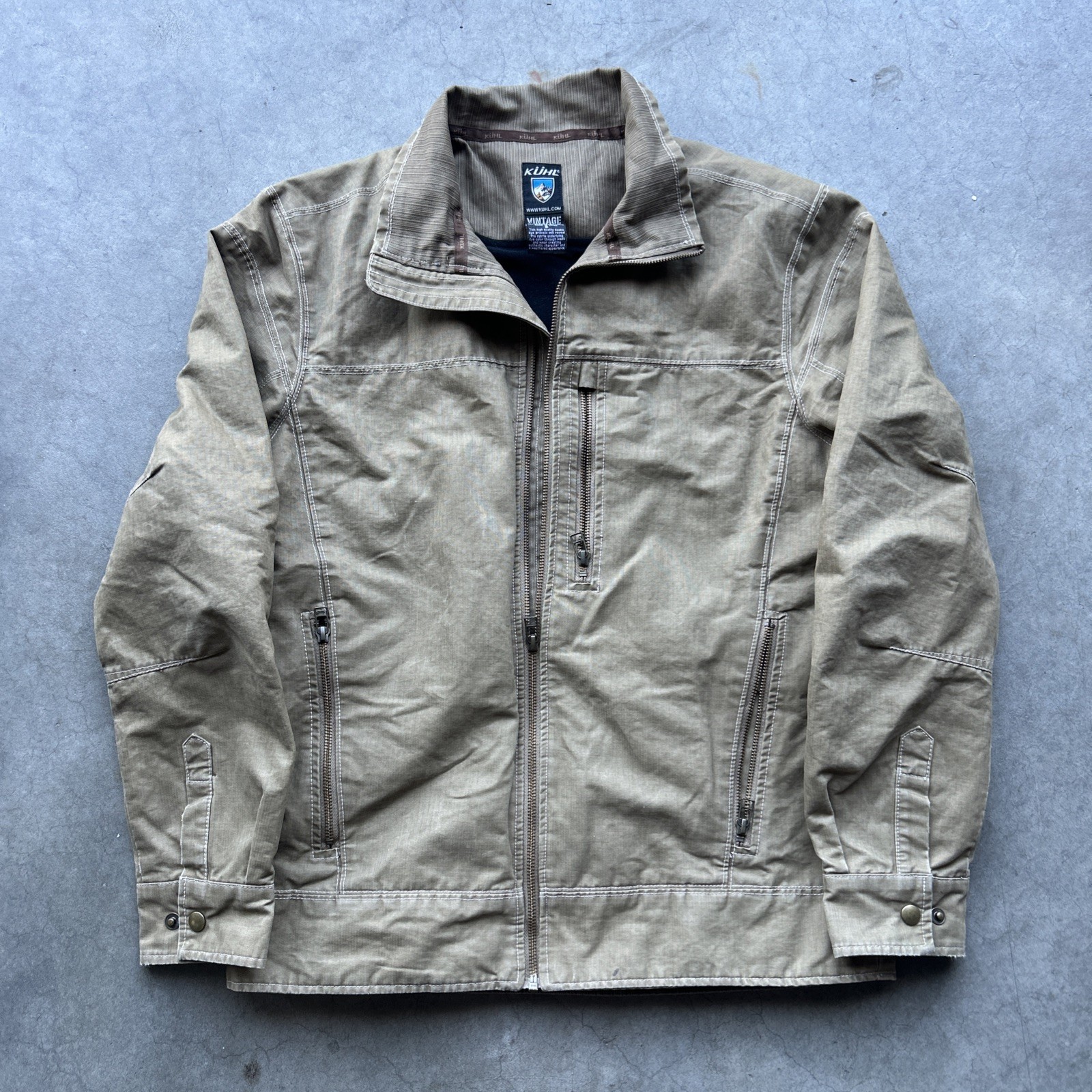 Kuhl Vintage Patina Dye Canvas Jacket Fleece Lined Distressed Faded Khakis sz S