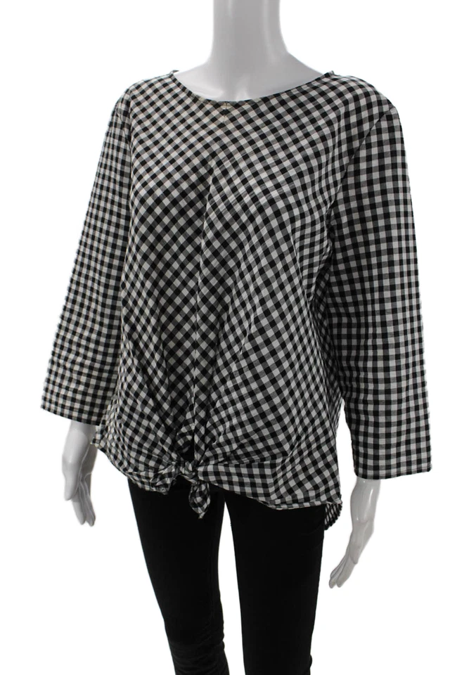 Zara Womens 3/4 Sleeve Scoop Neck Gingham Blouse Top Black White Size 2XL - Image 2 of 4