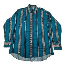 Vintage Wrangler Western Shirt XL Teal Aztec Stripe Pearl Snap