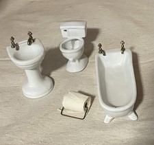 Vintage porcelain miniature doll house bathroom set: toilet, pedestal tub  sink