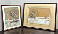 Pair Original Watercolours Signed Horsfield Winter Landscapes 1992 Framed 37cm