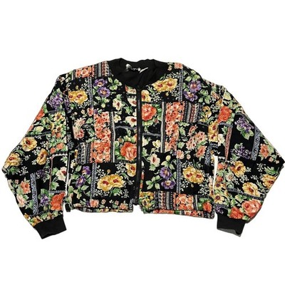 Vintage Speed Limit MPH Floral Patchwork Sequin Bomber Jacket Cropped Small u1