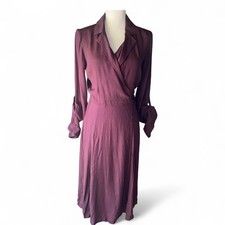 Express Burgundy Cranberry Wrap Midi Shirt Dress S Rayon Thanksgiving fall geek