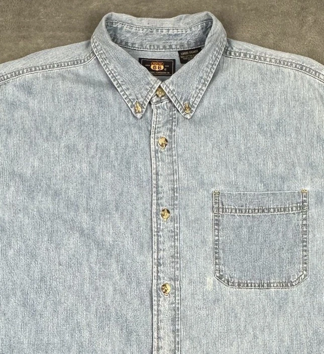 Route 66 Shirt Mens Large Light Blue Cotton Denim Button Down Pocket Workwear - Image 2 of 4