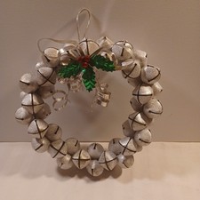 Silver Jingle Bell Wreath Door Hanger 14" Poinsettia Ribbon Vintage
