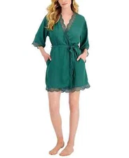 INC Women's Lace Trim Short Robe, Smoke Pine Green, Small