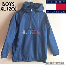 TOMMY HILFIGER Boys Jacket HOODED WINDBREAKER Raincoat Pullover Navy Youth XL