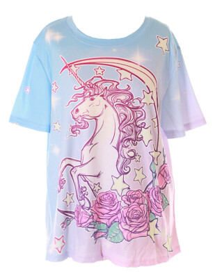 T-73 Hell-Blau Lila Mond Rosen Einhorn Fantasy Magic T-Shirt Pastel Goth Kawaii