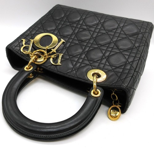 CHRISTIAN DIOR Lady Cannage Hand Tote Bag Leather Black Gold Italy M712 - Picture 9 of 21