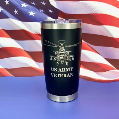US Army Veteran with Helicopter Engraved Tumbler Cup Water Bottle Travel Mug - Image 1 of 4