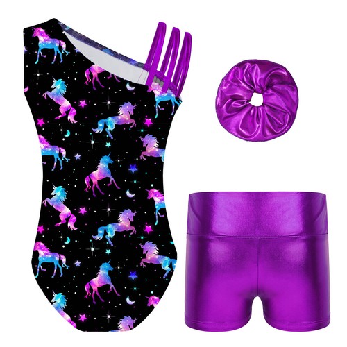 Kids Girls Romper Asymmetrical Leotard Hair Band Playsuit Teamwear Dancewear - Picture 18 of 65