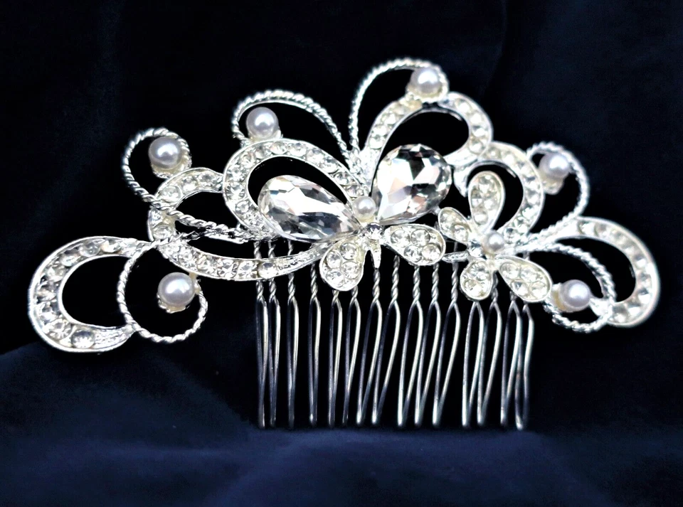 BRIDAL COMB -CRYSTAL, PEARL AND RHINESTONE - FLORAL HAIR COMB - NEW - Image 2 of 4