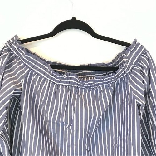 J.CREW Size 4 Off The Shoulder Blue Stripe Relaxed Fit Elastic Preppy Blouse - Picture 6 of 7