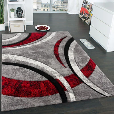 Designer Teppich mit Konturenschnitt Muster Gestreift Grau Schwarz Rot Meliert - Bild 1 von 4