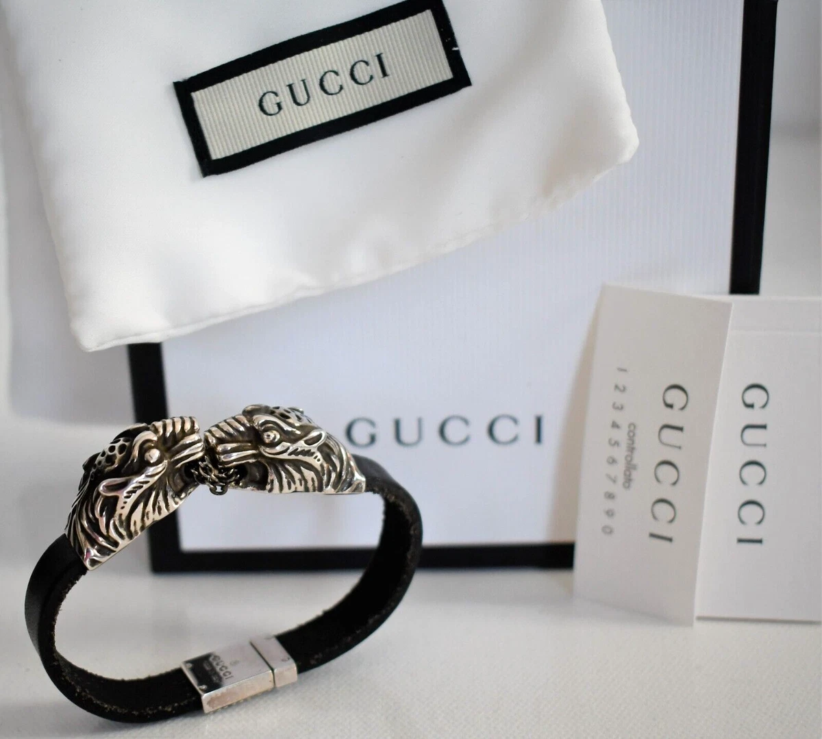 Gucci Metal Studded Feline Head Bracelet in Aged Gold