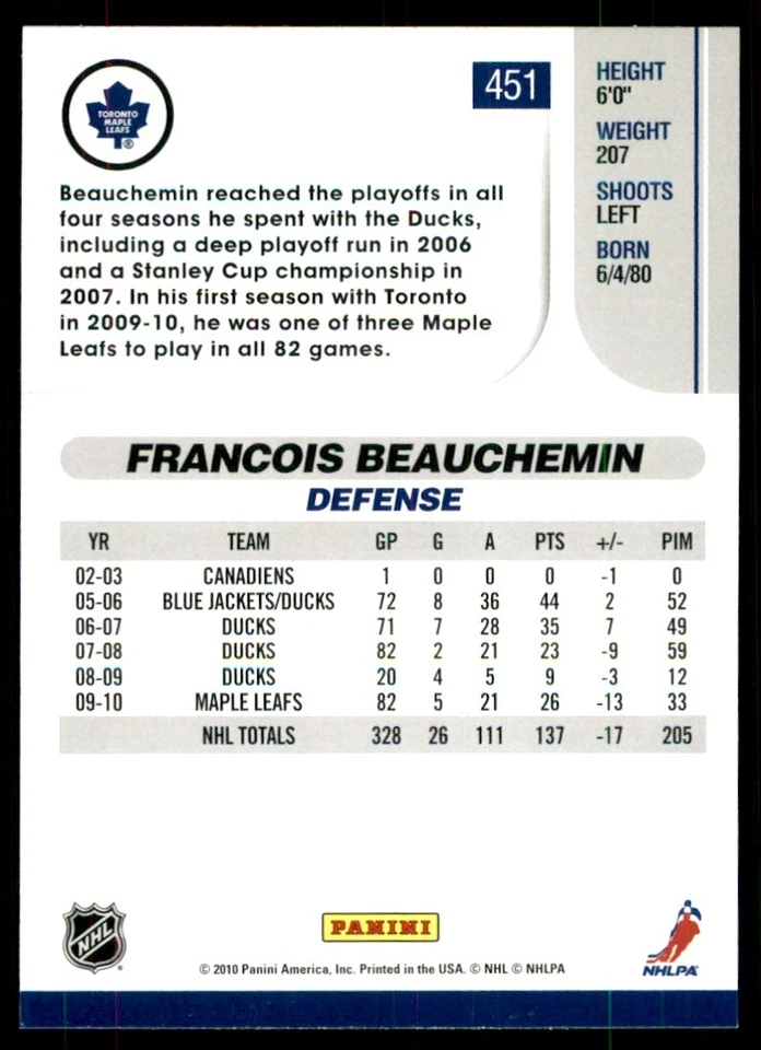 2010-11 Score Francois Beauchemin #451 - Image 2 of 2