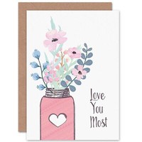 Valentines Love You Most Flowers Sweet Cute Blank Greeting Card With Envelope