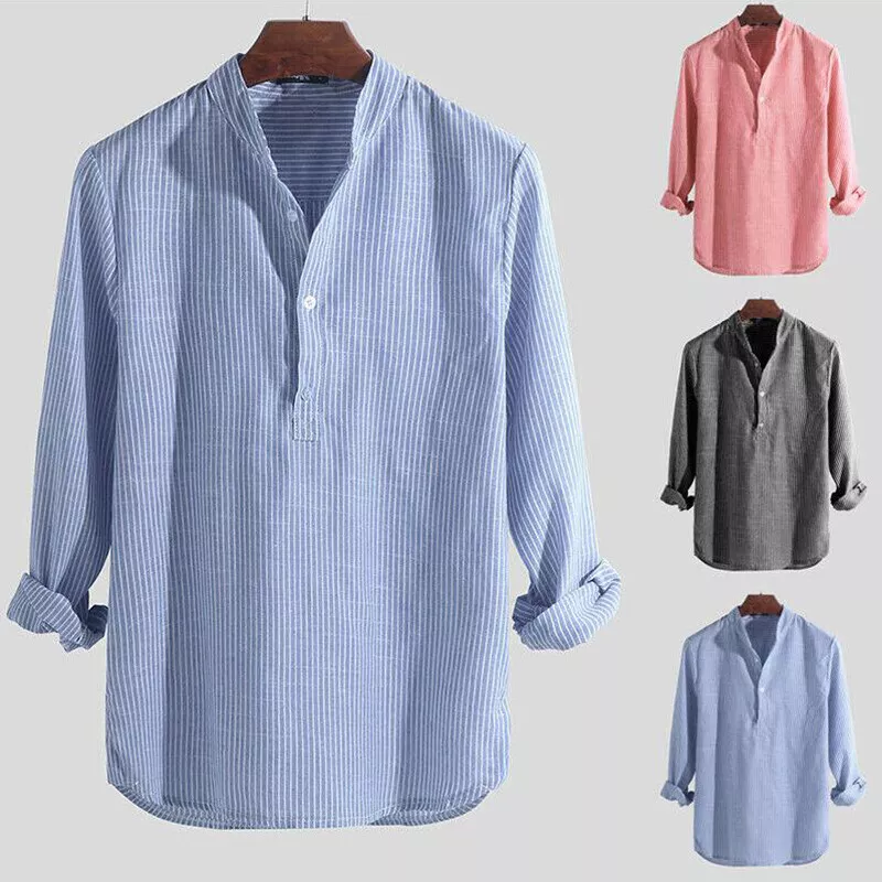 Mens Collarless Shirt Long Sleeve Striped Casual Loose Button Pullover Top new