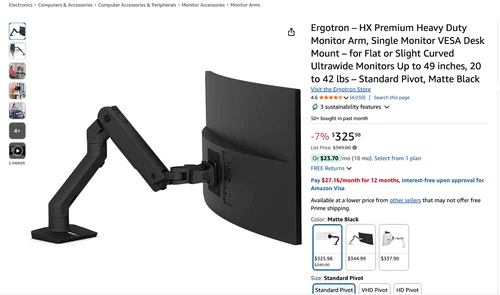 Ergotron HX Desk Clamp Monitor Mount with Tilt and Swivel (45-475-224)