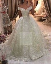 Elegant Wedding Dresses Off Shoulder Shining A-line Bridal Gowns Court Train