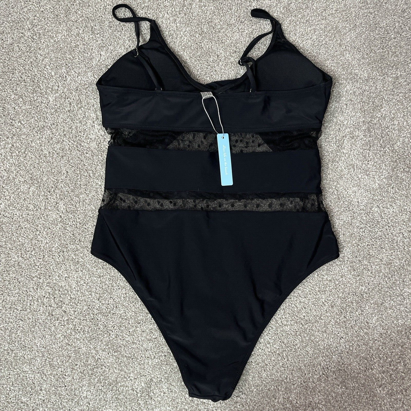 One Piece Swim Suit Women XL  Black Wrap Around Polka Dot Sheer Burnout