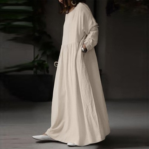 Women Casual Loose Side Pocket Maxi es Long Sleeve Cotton Linen Shirt - Picture 13 of 13