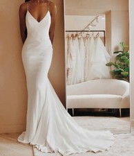 Modern Simple Satin Wedding Dress V-neck Spaghetti StrapsBacklessFormal Pleated