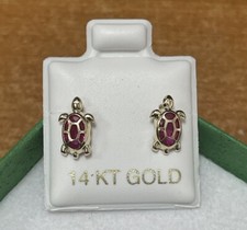 Turtle Red Stud Earrings 14K Solid Gold With Safety Backing