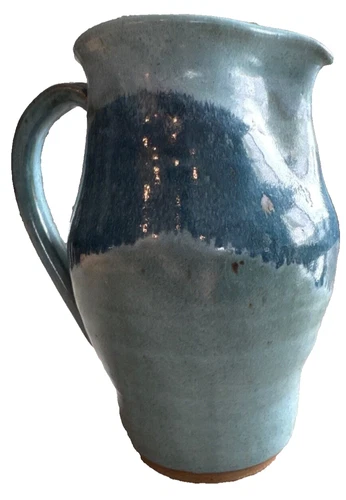 Hand Thrown Multi Blue Studio Art Pottery Drip Glaze Pitcher Signed 7 7/8" Heavy
