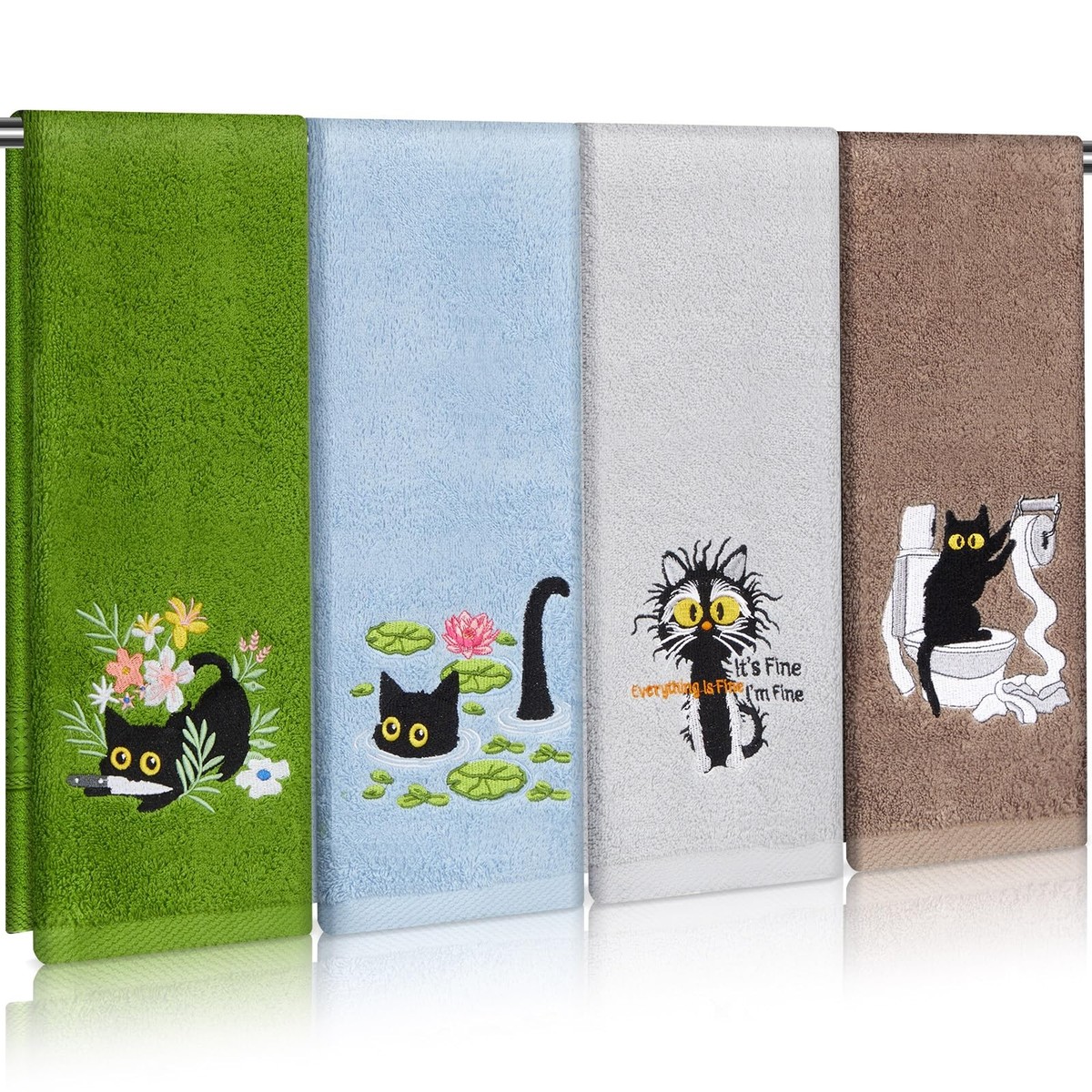 4 Pack Funny Black Cat Hand Towels Embroidered Towels Set for